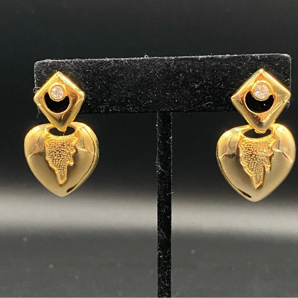 Gothic Style Dripping Heart Gold Plated Dangle Earrings with Rhinestone Accent - Picture 6 of 9